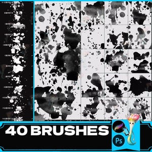 May include: A set of 40 black and white ink splatter brushes for Adobe Photoshop. The brushes are arranged in a grid pattern and show different sizes and shapes of splatters.