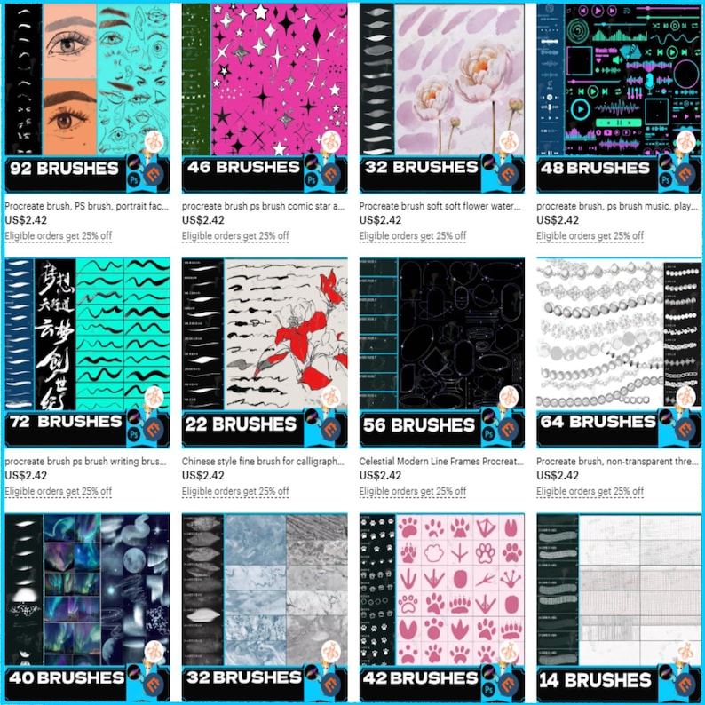 K&ouml;nnte beinhalten: Eine Auswahl an digitalen Kunstpinseln f&uuml;r Procreate und Photoshop, die verschiedene Stile wie Portr&auml;t, Comic, floral, Musik, Kalligraphie und himmlische Designs zeigen. Jedes Set ist mit der Anzahl der Pinsel gekennzeichnet.