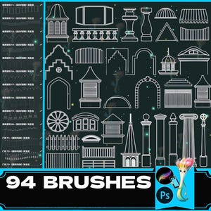 May include: A set of 94 Photoshop brushes featuring various architectural elements, including windows, doors, arches, fences, and columns. The brushes are outlined in white against a dark green background.