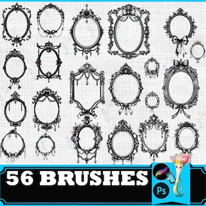 May include: A collection of 56 black digital frame brushes featuring intricate ornate designs, bows, and hanging decorative elements. The image includes the text 56 BRUSHES and a small cartoon paintbrush character holding a tablet with the Ps logo.