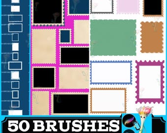May include: A digital art graphic featuring a collection of stamp-shaped frames in various colors, including black, tan, green, and purple. The image includes the text "50 BRUSHES" in white letters on a black banner, along with a colorful illustration.