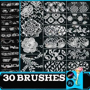 Puede incluir: Un conjunto de arte digital con 30 pinceles que presentan diseños florales y de encaje en blanco sobre un fondo negro. La imagen incluye varios estilos de pinceles, como rosas, hojas y patrones intrincados, con el texto "30 BRUSHES" en la parte inferior.