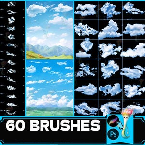 May include: A set of 60 Photoshop brushes featuring various cloud shapes. The brushes are displayed on a black background with a blue and white sky scene in the background. The text "60 BRUSHES" is displayed in white on a black rectangle at the bottom of the image.