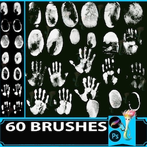 May include: A collection of 60 white fingerprint and handprint brushes on a black background. The image includes various sizes and shapes of fingerprints, along with handprints. The text "60 BRUSHES" is displayed at the bottom, with a Photoshop logo.