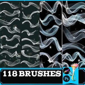 Puede incluir: Pinceles de arte digital con cintas blancas translúcidas que fluyen sobre fondos oscuros. La imagen incluye múltiples variaciones del diseño de la cinta, con un total de 118 pinceles. La imagen también incluye un logotipo de Procreate y Photoshop.