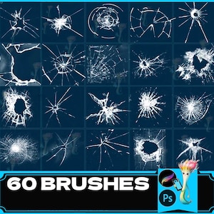 Puede incluir: Un conjunto de 60 pinceles de Photoshop que presentan varios diseños de vidrio roto. Los pinceles están dispuestos en una cuadrícula sobre un fondo azul. El texto "60 BRUSHES" se muestra en la parte inferior de la imagen.