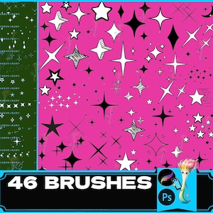 May include: A set of 46 digital brushes featuring various star shapes in black and white on a pink background. The text "46 BRUSHES" is at the bottom of the image.