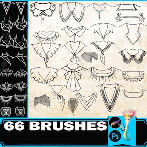 Può includere: Una collezione di 66 design di pennelli con vari stili di colletto, tra cui colletti a balze, Peter Pan e alla marinara. I design sono in bianco e nero, con uno sfondo di carta vintage. L'immagine include anche il testo "66 BRUSHES".