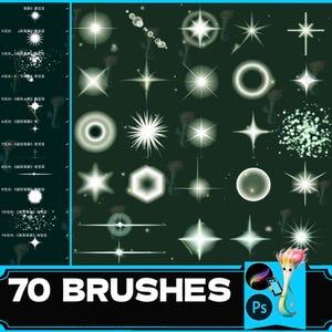 May include: A set of 70 Photoshop brushes featuring various starburst and sparkle effects. The brushes are displayed on a dark green background with a white border. The text "70 BRUSHES" is displayed in white on a black background.