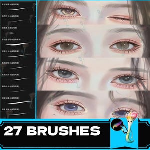 Puede incluir: Un conjunto de 27 pinceles digitales para crear ojos de estilo anime. Los pinceles están diseñados para crear diferentes efectos, como looks suaves, naturales y dramáticos. La imagen muestra ejemplos de cómo se pueden usar los pinceles para crear diferentes formas y estilos de ojos.