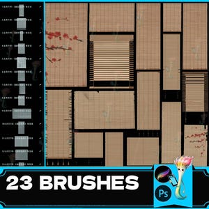 Könnte beinhalten: Ein Satz von 23 digitalen Pinseln mit Bambusstruktur. Die Pinsel sind für die Verwendung in Adobe Photoshop konzipiert. Das Bild zeigt eine Vielzahl von Pinselstrichen, darunter Linien, Quadrate und Kreise.