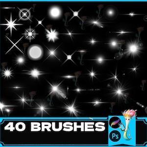 以下が含まれることがあります： 黒の背景に白い様々な星形と輝きの効果を備えた40個のPhotoshopブラシのセット。テキスト「40 BRUSHES」は、画像の下部にある黒い長方形に白で表示されます。テキスト「Ps」は、画像の右下にある黒い長方形に白で表示されます。