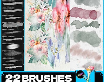 May include: A set of 22 watercolor brushes with a floral design and watercolor washes. The brushes are arranged in a row and labeled with numbers. The image also includes the text "22 BRUSHES".