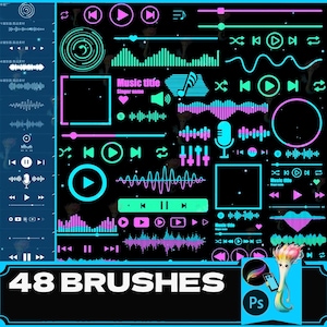 Peut inclure: Un ensemble de 48 pinceaux numériques pour Adobe Photoshop avec des graphismes musicaux aux couleurs rose et vert néon. Les pinceaux comprennent des ondes sonores, des notes de musique, des boutons de lecture et de pause, et d'autres symboles liés à la musique.