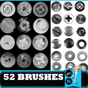 May include: A digital collection of 52 brushes featuring grayscale illustrations of various screw heads, bolts, and mechanical gear components arranged in a grid, with the text 52 BRUSHES and a small cartoon character holding a tablet.