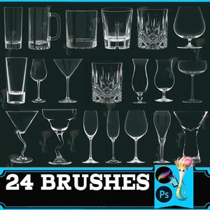 Puede incluir: Una colección de 24 vasos de vidrio transparente, que incluyen vasos de tubo, una jarra, vasos de whisky, copas de vino y copas de cóctel. La imagen incluye el texto "24 BRUSHES" en una pancarta negra.