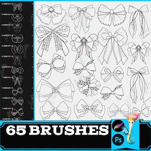 Puede incluir: Una colección de más de 20 ilustraciones de lazos en blanco y negro. Los lazos varían en estilo, incluyendo lazos de cinta, lazos decorativos y lazos con encaje y lunares. La imagen también incluye el texto "65 BRUSHES" y un icono de arte digital.