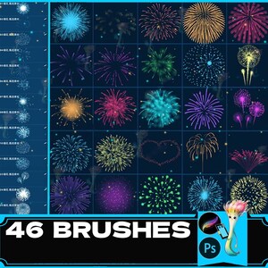 May include: A set of 46 digital brushes featuring various firework designs in different colors, including blue, green, red, yellow, and purple. The brushes are arranged in a grid pattern on a dark blue background. The text "46 BRUSHES" is displayed in white at the bottom of the image.