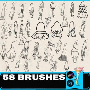 May include: A digital illustration featuring 58 brush designs for sleeves, in a variety of styles. The designs are outlined in black on a cream background. The image includes the text "58 BRUSHES" in a black banner.