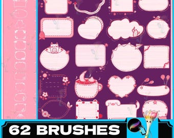 May include: A set of 62 digital brushes for graphic design. The brushes are pink and white and feature various shapes, including hearts, stars, clouds, and speech bubbles. The brushes are perfect for adding a cute and whimsical touch to your designs.