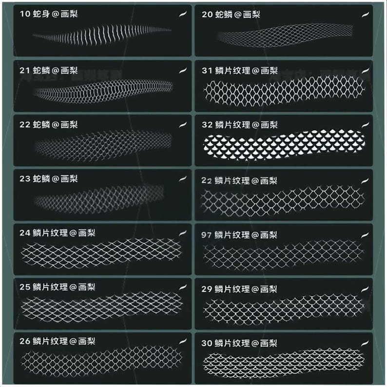 Puede incluir: Una ilustraci&oacute;n digital de diferentes tipos de escamas y texturas, incluyendo escamas de serpiente, escamas de pez y patrones de eslabones de cadena. La imagen est&aacute; etiquetada con n&uacute;meros y caracteres chinos.