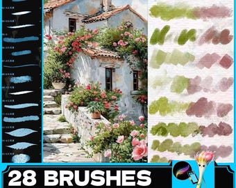 May include: A set of 28 watercolor brushes with a variety of sizes and shapes. The brushes are shown against a background of a painting of a house with a garden.