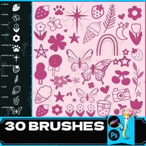 May include: A set of 30 pink and white digital brushes featuring various designs, including stars, butterflies, flowers, hearts, and a camera. The text "30 BRUSHES" is displayed in white letters on a black background.