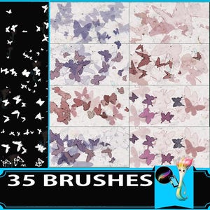 May include: Digital art brushes featuring butterfly designs in various colors, including purple, pink, and brown. The image is divided into sections, with a black and white butterfly brush set on the left and the text "35 BRUSHES" at the bottom.