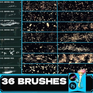 May include: A set of 36 Photoshop brushes featuring various sizes and styles of white sparks on a black background. The text "36 BRUSHES" is displayed in white on a blue background.