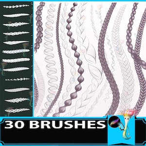 Puede incluir: Conjunto de 30 pinceles de arte digital, con diversos estilos como trenzas, espirales y diseños de cuentas. La imagen presenta una paleta de colores blanco, gris y morado. Los pinceles se muestran sobre un fondo blanco.
