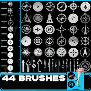 May include: A set of 44 black and white compass and arrow brushes for use in Adobe Photoshop. The brushes are arranged in a grid pattern on a black background.