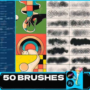 Puede incluir: Un conjunto de 50 pinceles digitales para usar en software de diseño gráfico. Los pinceles se muestran en una cuadrícula con una variedad de formas y texturas, que incluyen puntos, líneas y remolinos. Los pinceles están diseñados para crear una variedad de efectos, desde texturas sutiles hasta patrones audaces. La imagen también incluye el texto "50 Brushes" y un logotipo de Photoshop.