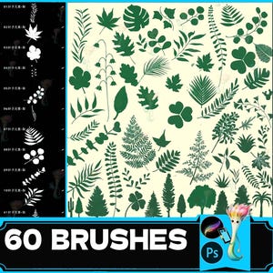 Könnte beinhalten: Ein Satz von 60 grünen Blatt- und Pflanzen-Photoshop-Pinseln. Die Pinsel sind in einem Raster auf einem cremefarbenen Hintergrund angeordnet. Der Text "60 BRUSHES" befindet sich am unteren Rand des Bildes.