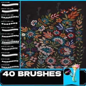 May include: A set of 40 digital brushes for creating beaded embroidery designs. The brushes are shown on a black background with a colorful beaded floral pattern. The brushes are labeled in Japanese.