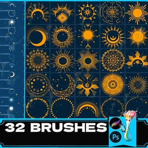 May include: A set of 32 gold and black brush designs featuring various celestial and geometric shapes, including stars, moons, suns, and circles. The brushes are arranged in a grid pattern on a black background.