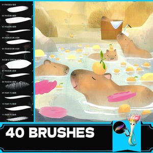 Może przedstawiać: Zestaw 40 pędzli cyfrowych do użytku w programach do grafiki cyfrowej. Pędzle są wyświetlane na białym tle z kolorową ilustracją kapibar w stawie. Ilustracja zawiera różne pociągnięcia pędzla, w tym miękkie, fakturowane i szczegółowe pędzle.