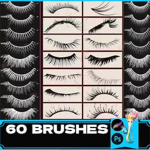 Könnte beinhalten: Ein Satz von 60 Photoshop-Pinseln mit verschiedenen Wimpernstilen. Die Pinsel sind schwarz und weiß und in Reihen angeordnet. Das Bild enthält den Text "60 BRUSHES" und ein Photoshop-Logo.