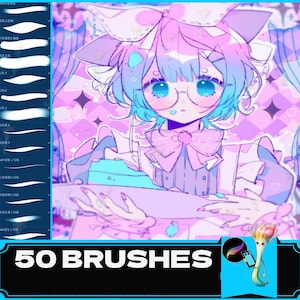 以下が含まれることがあります： ピンクとブルーの髪をした漫画のキャラクターのデジタルイラスト。白いドレスと眼鏡を着用しています。キャラクターは皿を持っています。この画像には、デジタルアートプログラムで使用するための50個のデジタルブラシのセットが含まれています。テキスト「50 BRUSHES」は、黒い背景に白い文字で表示されます。