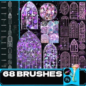 以下が含まれることがあります： ステンドグラスの窓のデザインを特徴とする68個のデジタルブラシのセット。ブラシは、ゴシック、アーチ型、円形など、さまざまなスタイルがあります。ブラシは、複雑で詳細なデザインを作成するのに最適です。