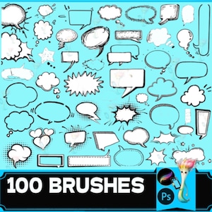 Puede incluir: Un conjunto de 100 pinceles de burbujas de diálogo de cómic en blanco y negro para Adobe Photoshop. Los pinceles se muestran sobre un fondo azul claro.