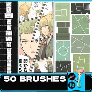 Könnte beinhalten: Ein Satz von 50 digitalen Pinseln für die Verwendung in Adobe Photoshop. Die Pinsel sind so konzipiert, dass sie einen Manga- oder Anime-Stil erzeugen. Das Bild zeigt eine Vielzahl von Pinselstrichen, darunter Linien, Punkte und Texturen. Der Text "50 BRUSHES" wird am unteren Rand des Bildes angezeigt.