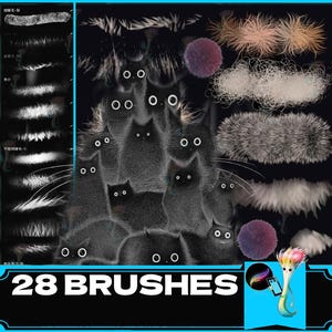 Pode incluir: Um conjunto de 28 pincéis digitais com várias texturas, incluindo pele, penas e designs abstratos. Os pincéis são exibidos em um fundo com um grupo de gatos pretos estilizados.