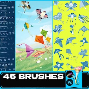 Può includere: Un set di 45 pennelli digitali per Adobe Photoshop con vari design di aquiloni. I pennelli sono perfetti per creare illustrazioni fantasiose e colorate.
