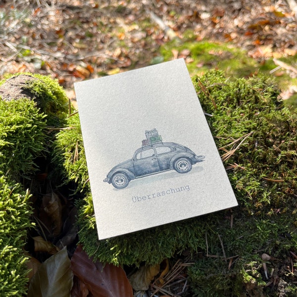 Grußkarte, Geschenkkarte, Überraschungskarte, Weihnachtskarte, Automobil, Oldtimer Emma, Aquarell, DIN A6, gedruckt auf Graspapier