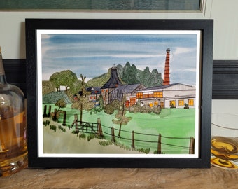 May include: A watercolor painting of a distillery with a tall red brick chimney. The building is surrounded by green trees and grass. The sky is blue with white clouds.