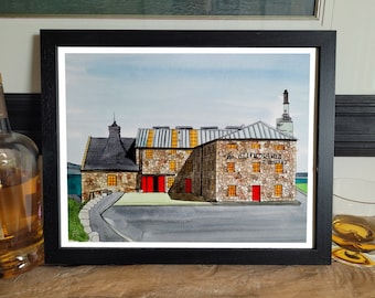 May include: A watercolor painting of The Glenmorangie Distillery in Scotland. The building is made of stone and has a red door. The sky is blue and there are clouds in the distance.