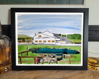 May include: A watercolor painting of a white building with the text "Glenalla Chivas Bay" on the side. The building is surrounded by green grass and a small pond with a wooden bridge. A bicycle is parked near the pond.