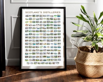 May include: A framed poster titled SCOTLAND'S DISTILLERIES featuring a grid of numerous small, colorful illustrations of various distillery buildings, each labeled with its name, presented in a black frame with a white mat border.