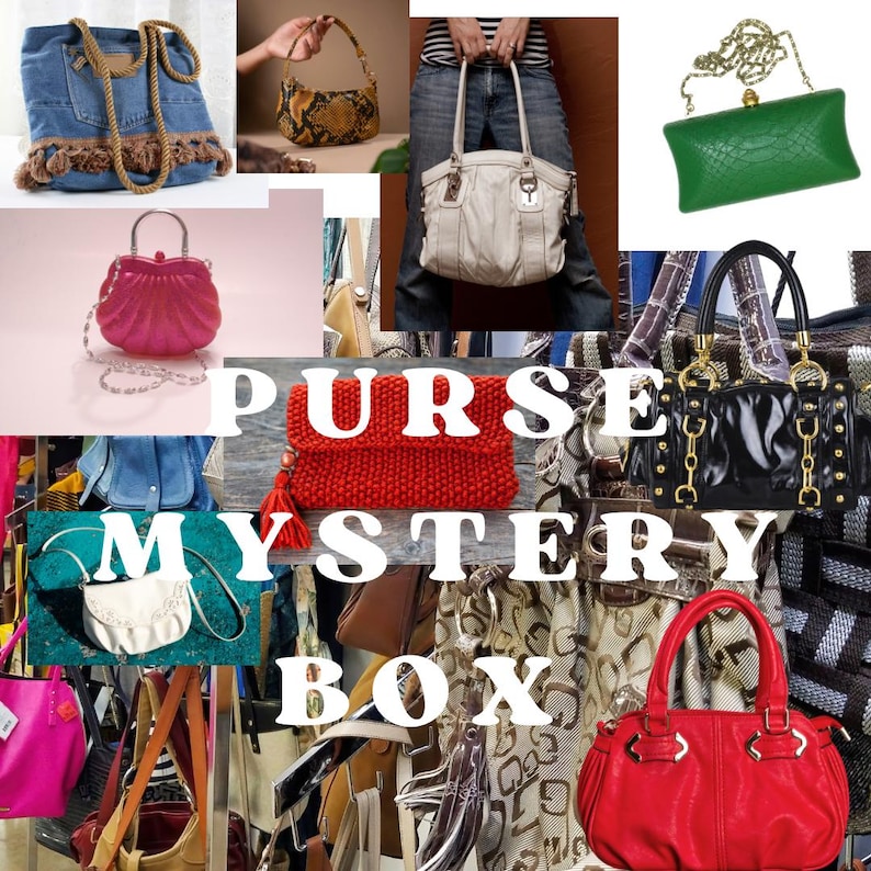 May include: A collage of various purses and handbags in different styles and colors. The image includes a denim purse with fringe, a red knitted clutch, a black leather purse with gold hardware, a white leather tote bag, and a green crocodile-embossed clutch. The text "PURSE MYSTERY BOX" is superimposed on the image.