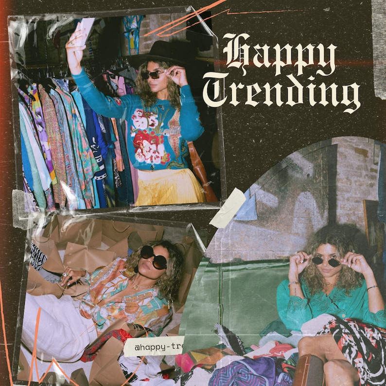 May include: A collage of three images featuring women wearing vintage clothing and sunglasses. The top image shows a woman wearing a blue and white patterned sweater with a yellow skirt. The middle image shows a woman wearing a patterned shirt with a white skirt. The bottom image shows a woman wearing a green shirt with a black and white skirt. The text "Happy Trending" is written in a vintage font on a black background.